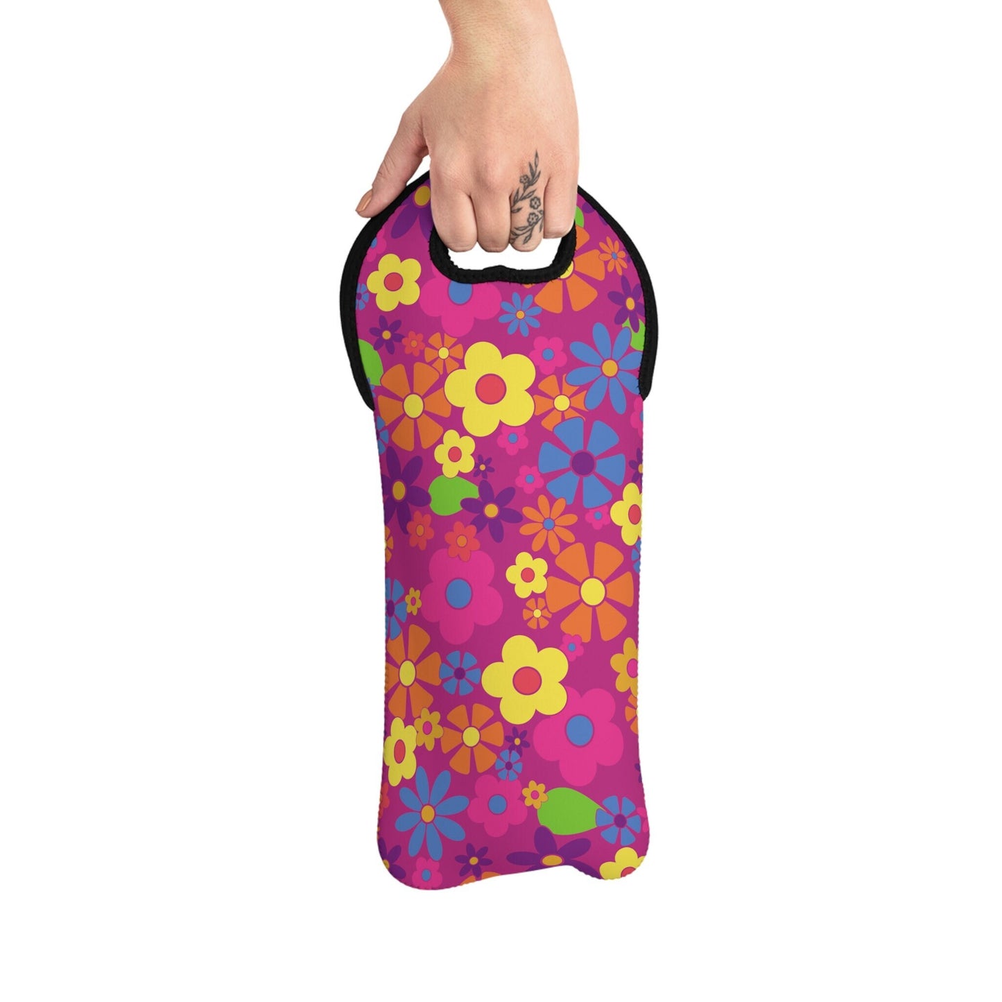 Flower Power on Pink Background Wine Tote Bag Reusable Eco Friendly