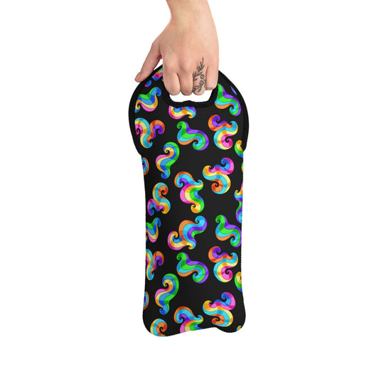 Rainbow Swirls on Black Wine Tote Bag Reusable Eco Friendly