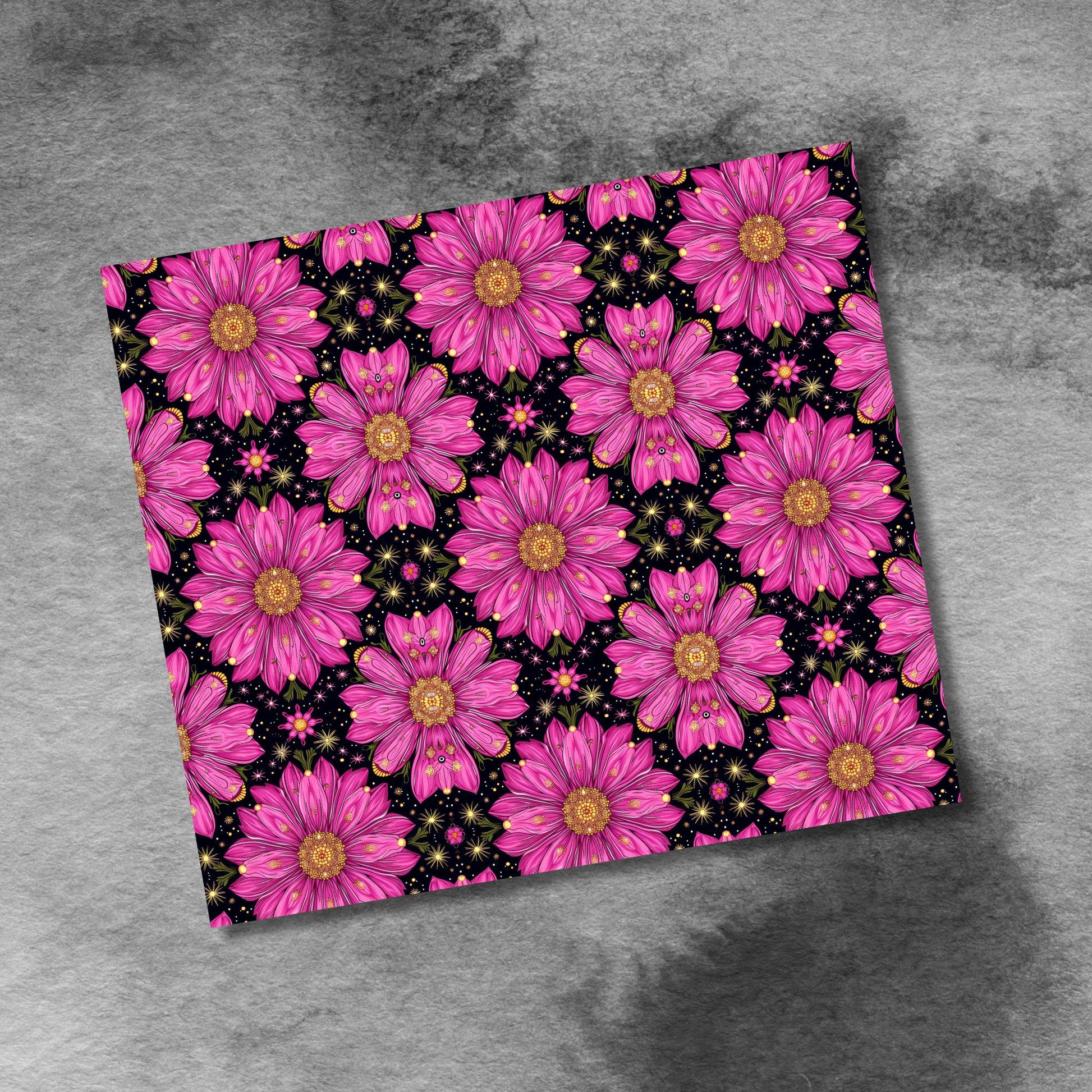 Large Pink Daisy Flowers Midnight Sparkle 20oz Skinny Tumbler Seamless Sublimation Design Templates,Straight PNG Digital Download