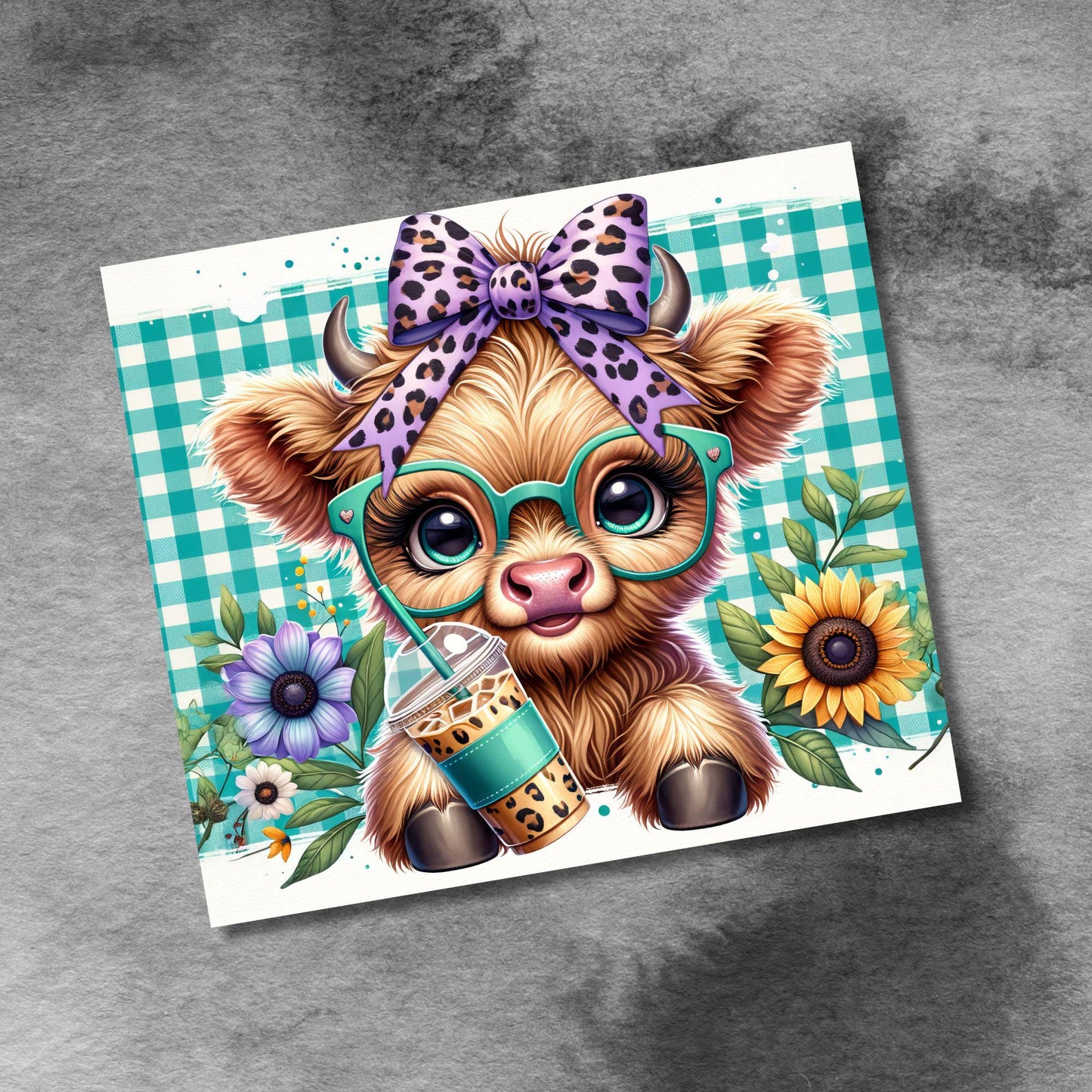 Cute Highland Cow Sunflowers 20oz Skinny Tumbler Sublimation Design,Seamless Baby Cow with Sunflower Coffee Sublimation