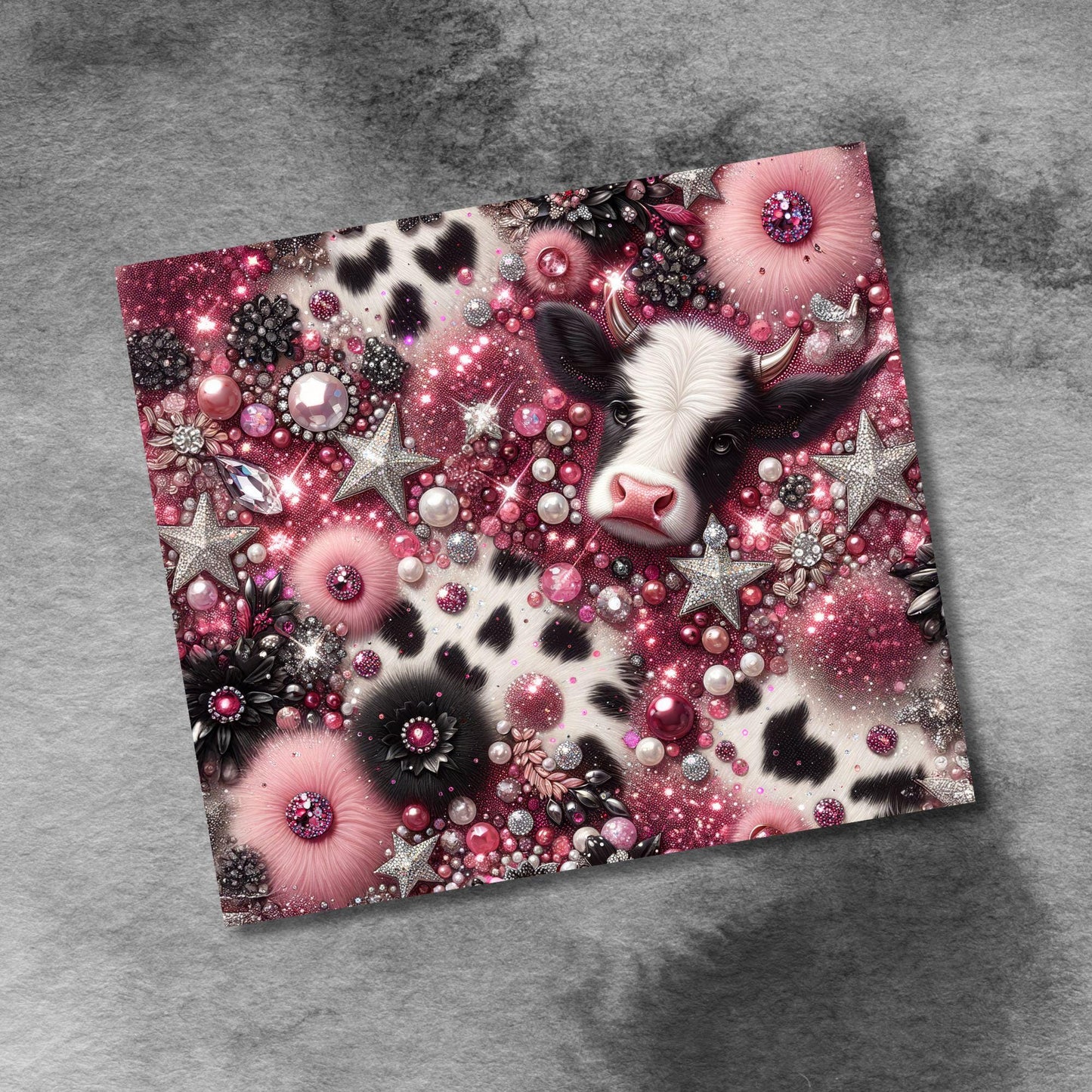 Cow Print PinkGlitter 20oz Skinny Tumbler Wrap PNG Design, Western Black and White Cowhide Sparkle Tumbler Straight Digital Download