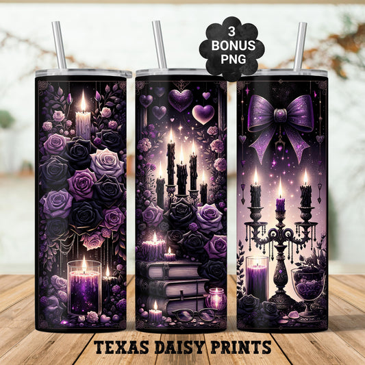 Romantasy Book Lover 20oz Skinny Tumbler Wrap Sublimation, Gothic Purple Black Alchemy Seamless Design Digital Download PNG Bonus Designs