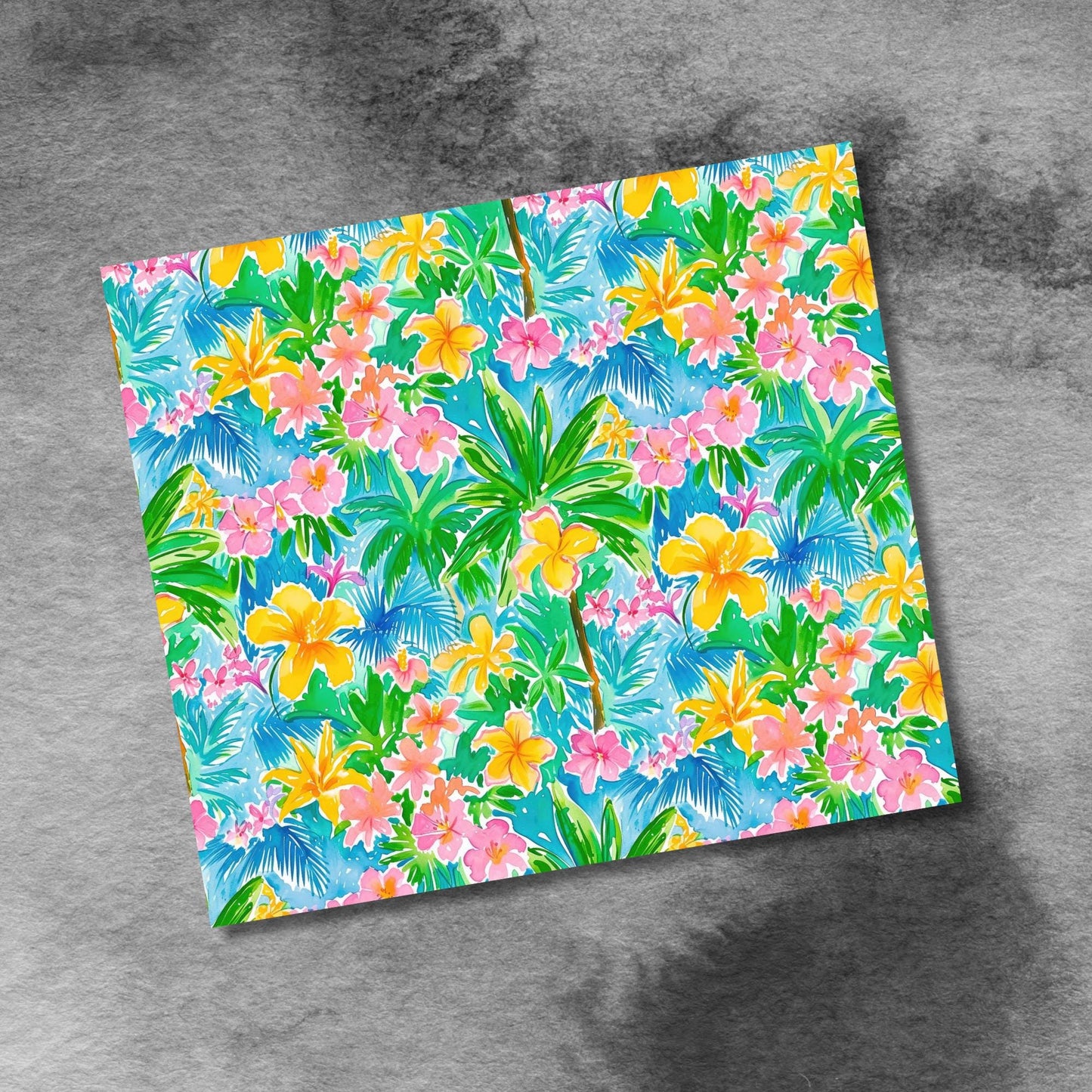 Tropical Watercolor Hibiscus Flowers with Palm Trees 20oz Skinny Tumbler Sublimation Templates, Seamless Straight PNG Digital Download