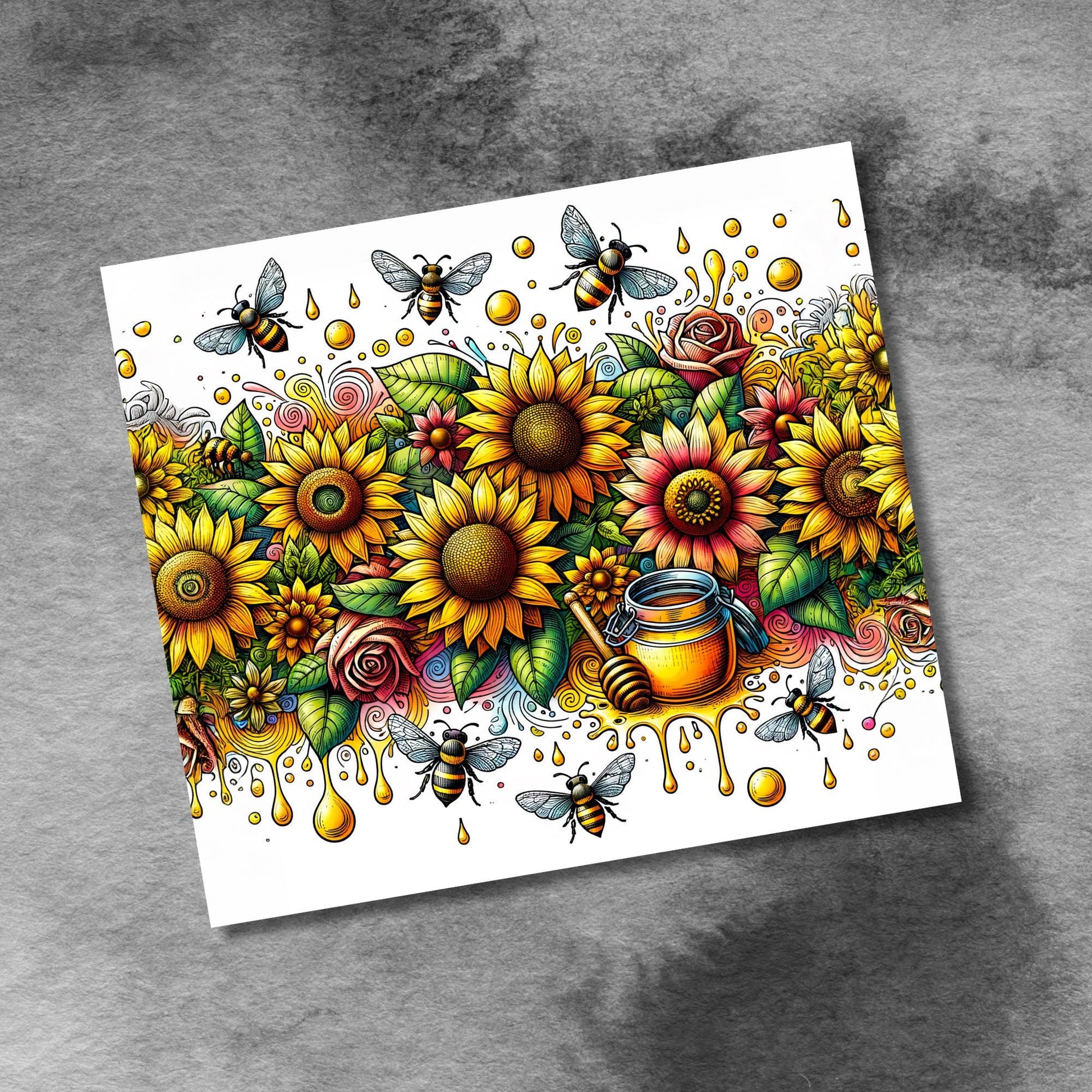 Bees with Honey Pot and Sunflowers 20 oz Skinny Tumbler Seamless Sublimation Design Digital Instant Download PNG, Tumbler Wrap