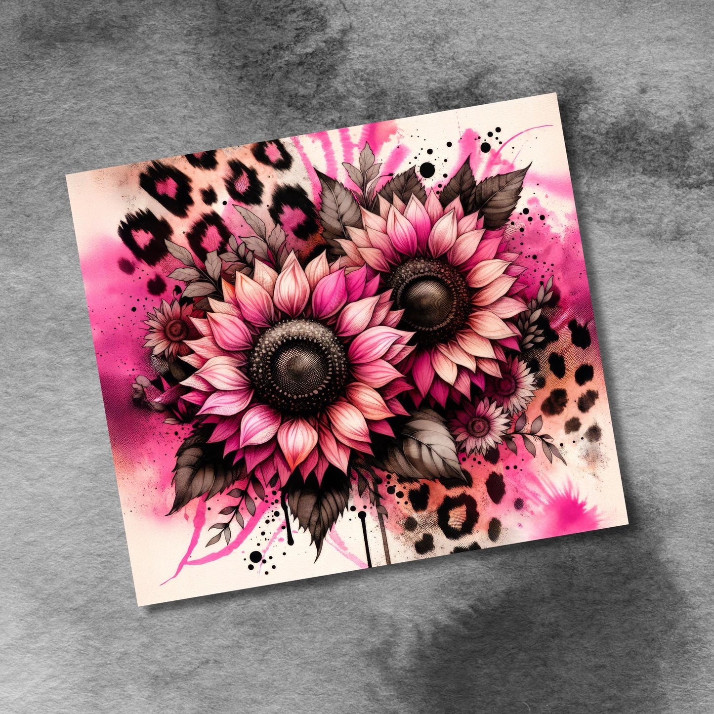 Pink and Black Sunflowers with Leopard Print 20oz Skinny Tumbler Sublimation Design PNG With Bonus Download