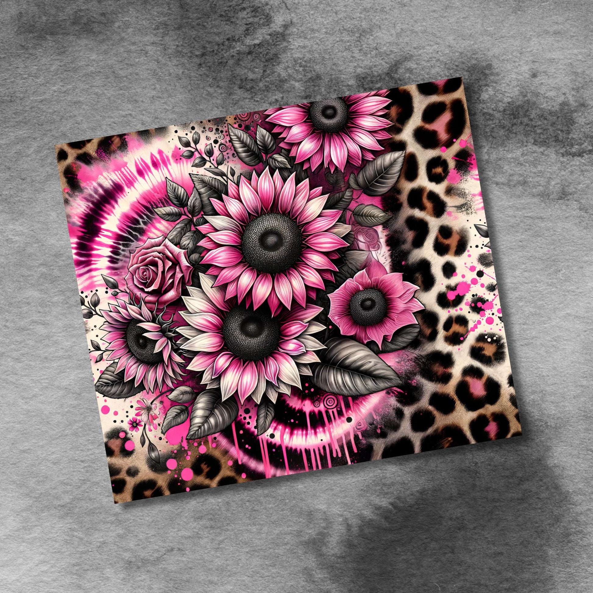 Spring Sunflowers with Leopard Pink Black Print 20 oz Skinny Tumbler Seamless Sublimation Design Digital Instant Download PNG, Tumbler Wrap