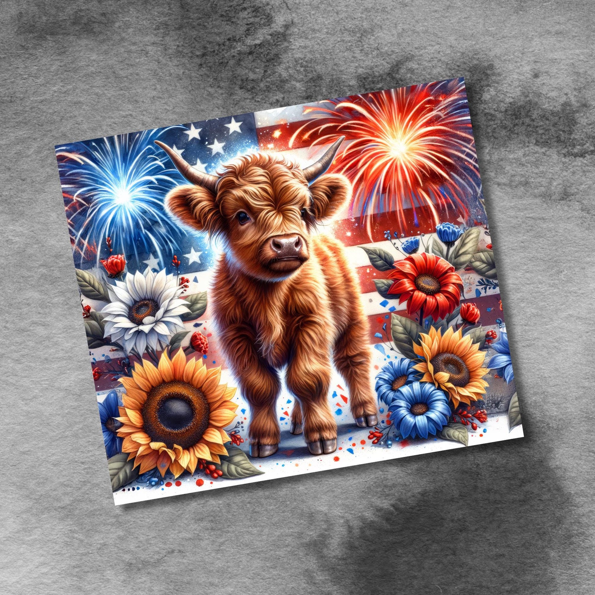 Cute Baby Highland Cow 20oz Skinny Tumbler Wrap, Seamless American Flag July 4th Fireworks Sublimation Design Templates