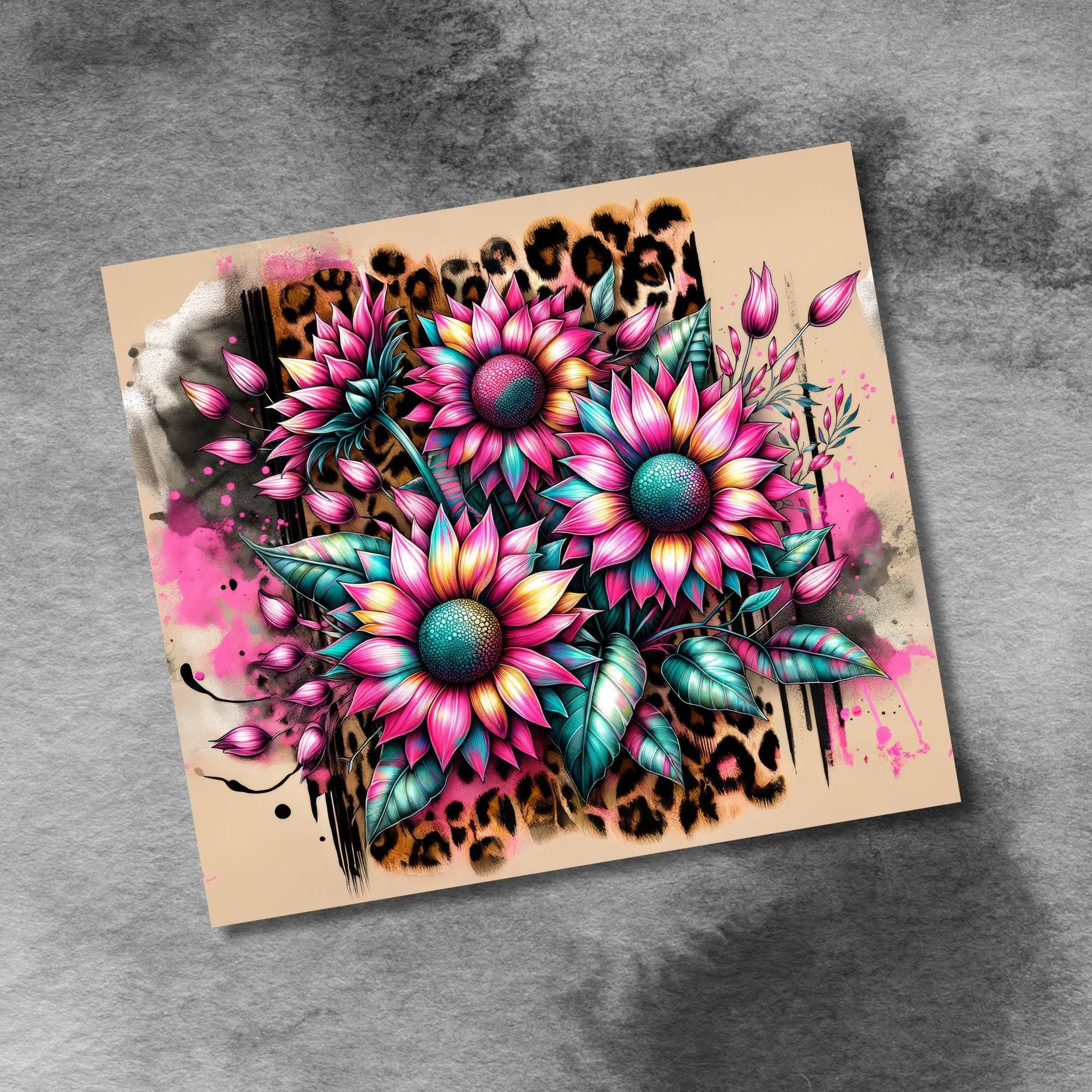 Pink Teal Sunflowers with Leopard Print 20oz Skinny Tumbler Sublimation Design PNG