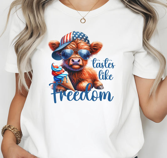 Taste Like Freedom Highland Cow Png, Funny Cow Sublimation Design, Patriotic Digital File, Funny 4th of July PNG, USA Freedom Shirt Png