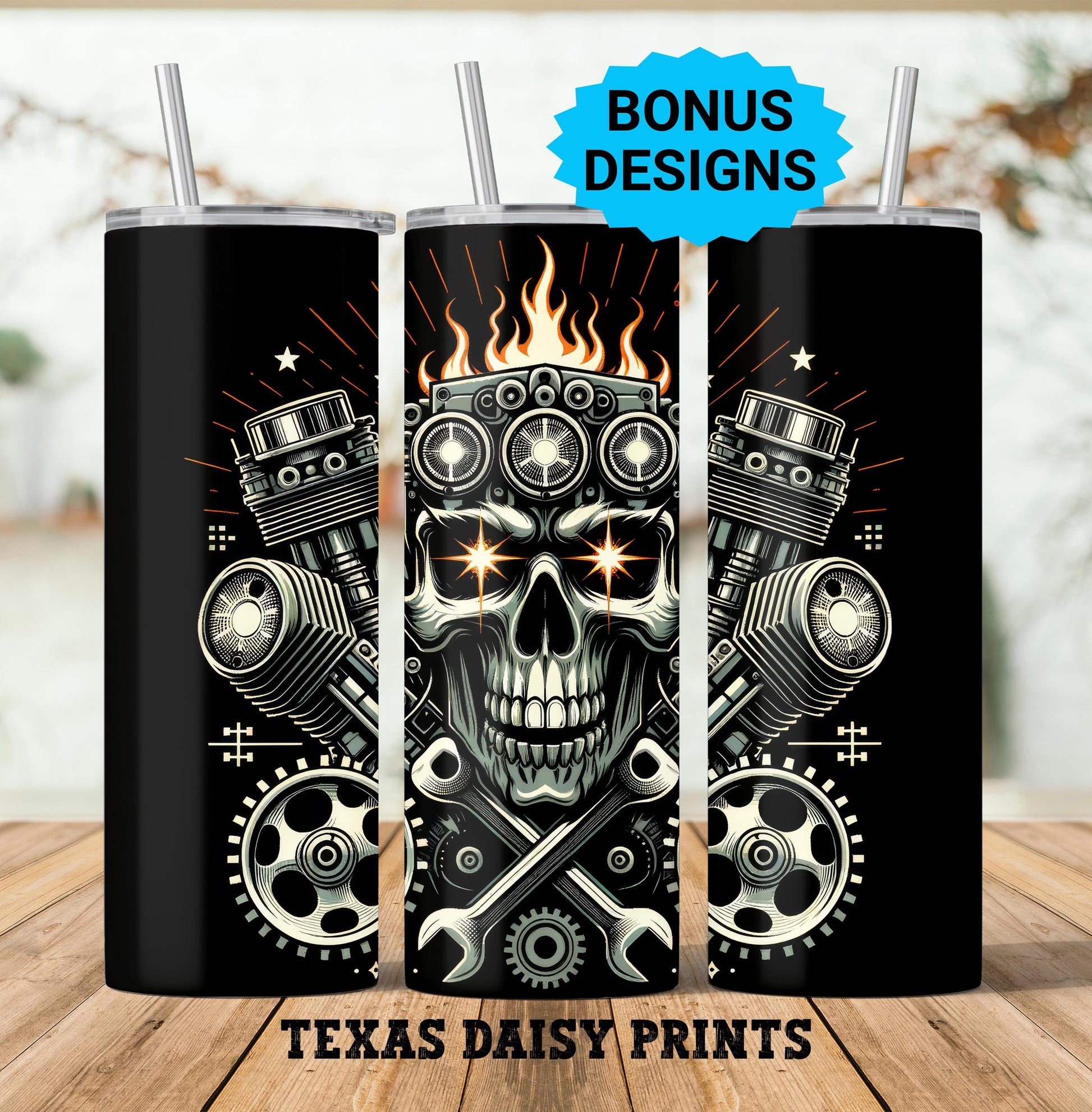 Motorcycle Skull Tumbler Wrap, 20oz Skinny Tumbler Png, Seamless, Ride or Die Skull , Straight Tumbler Wrap