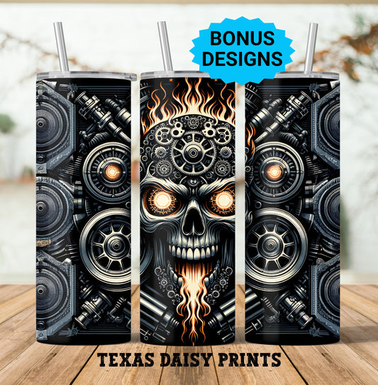 Motorcycle Skull Tumbler Wrap, 20oz Skinny Tumbler Png, Seamless, Ride or Die Skull , Straight Tumbler Wrap