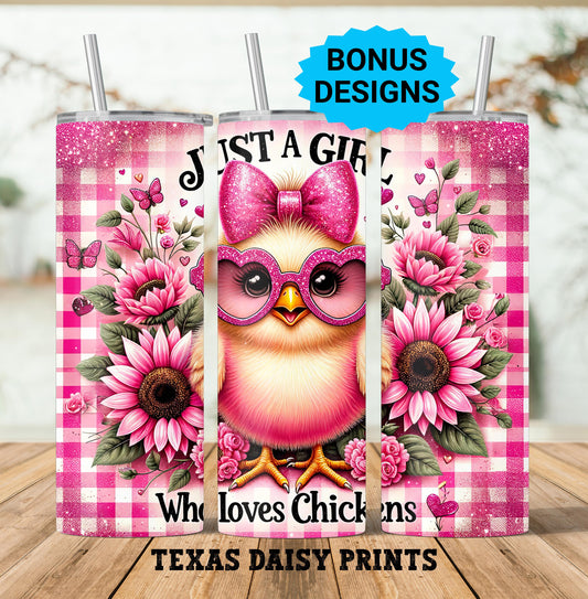 Just A Girl Who Loves Chickens Tumbler Wrap, 20oz Skinny Sublimation Tumbler Design, Farm Sunflower Chicken Lover Tumbler Seamless