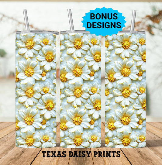 3D White Daisy 20oz Skinny Tumbler Sublimation Templates,White & Gold Straight Seamless Daisies PNG Digital Download