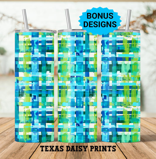Summer Vibrant Green and Blue Watercolor Plaid 20oz Skinny Tumbler Seamless Sublimation Design Templates,Straight PNG Digital Download