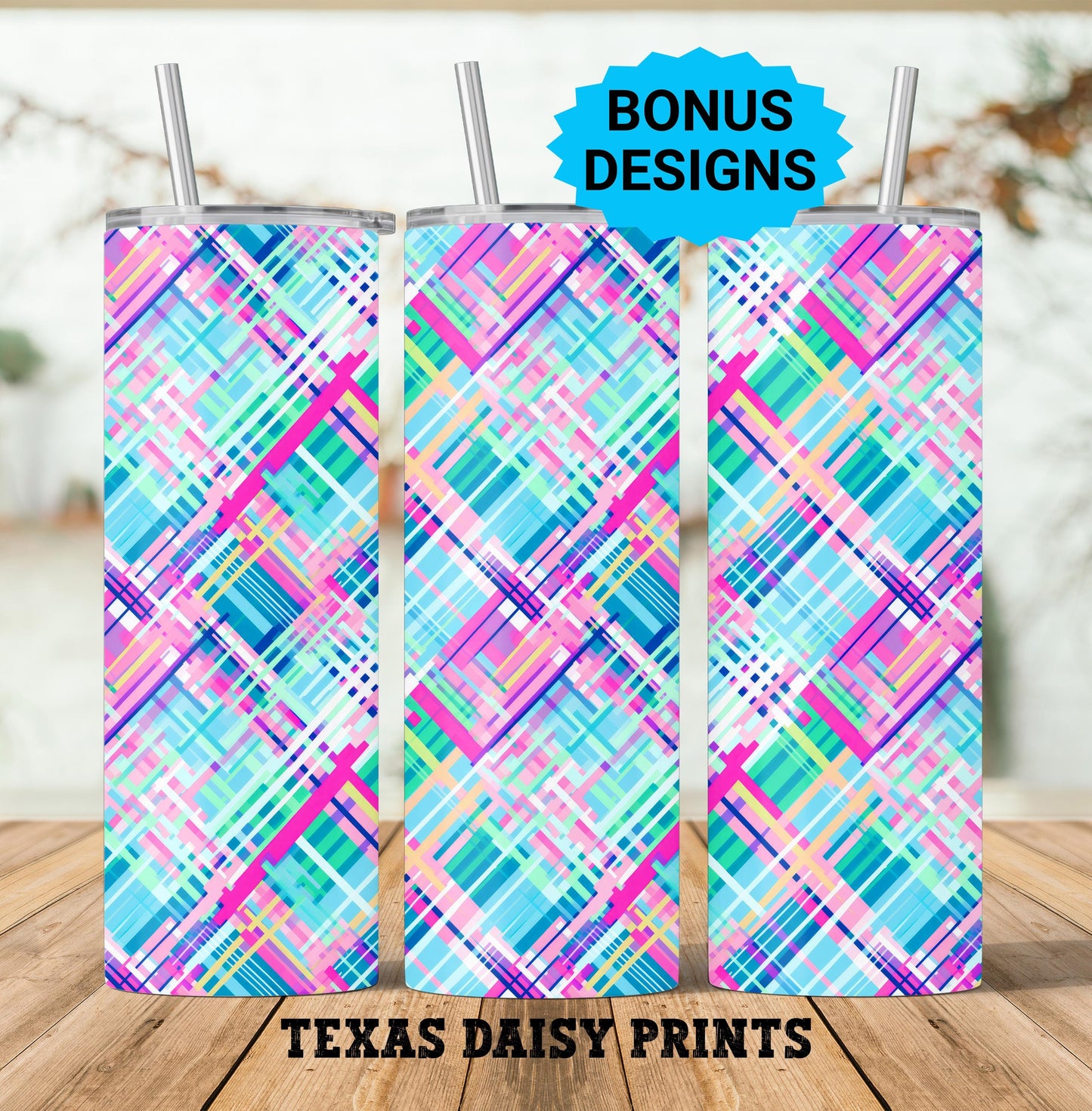 Whimsical Plaid Pinks Blues and Greens 20oz Skinny Tumbler Seamless Sublimation Design Templates,Straight PNG Digital Download
