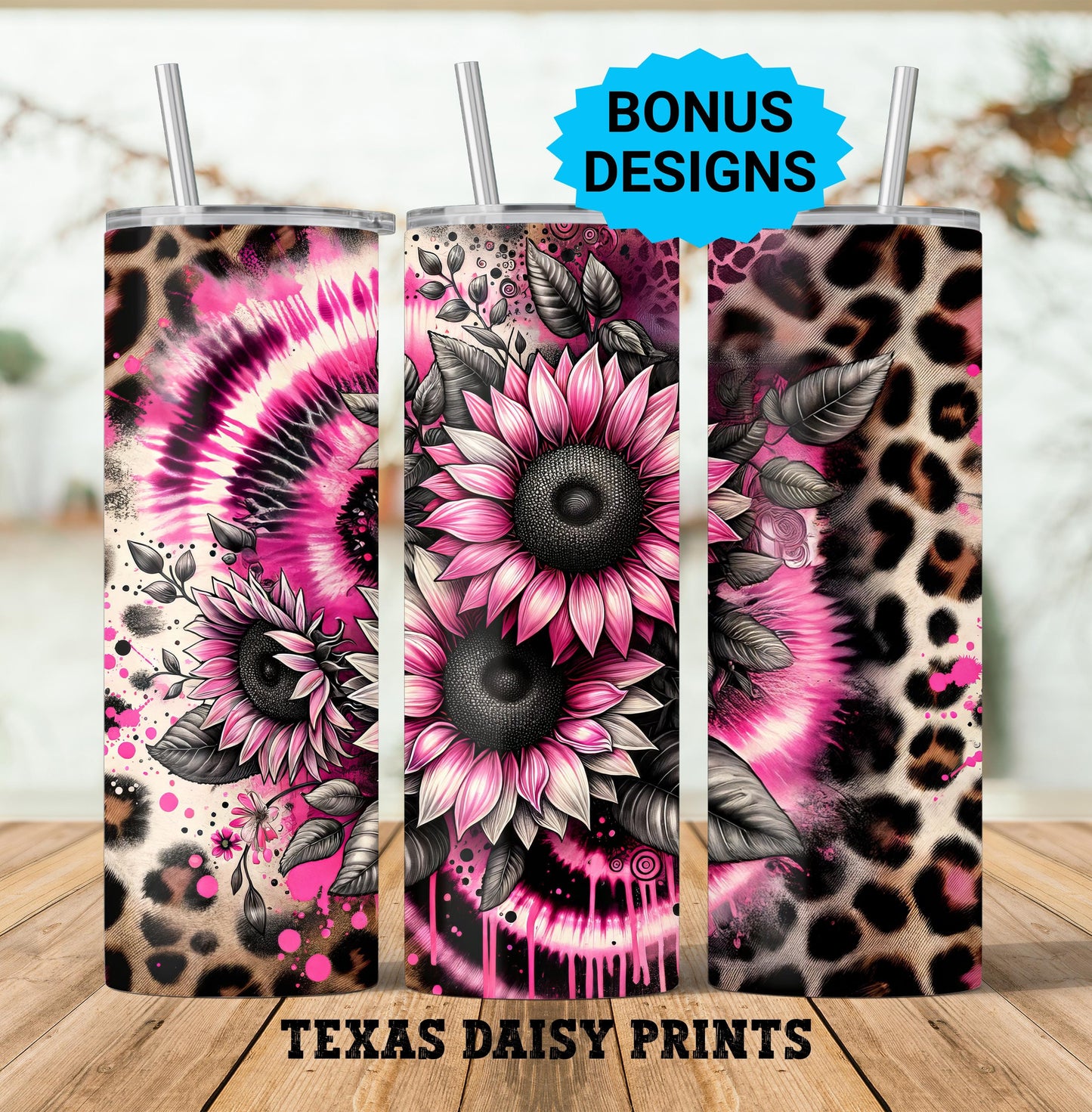 Spring Sunflowers with Leopard Pink Black Print 20 oz Skinny Tumbler Seamless Sublimation Design Digital Instant Download PNG, Tumbler Wrap