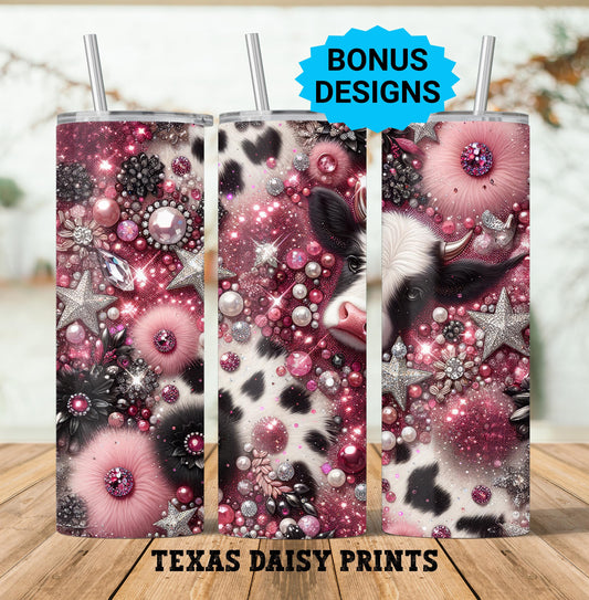 Cow Print PinkGlitter 20oz Skinny Tumbler Wrap PNG Design, Western Black and White Cowhide Sparkle Tumbler Straight Digital Download