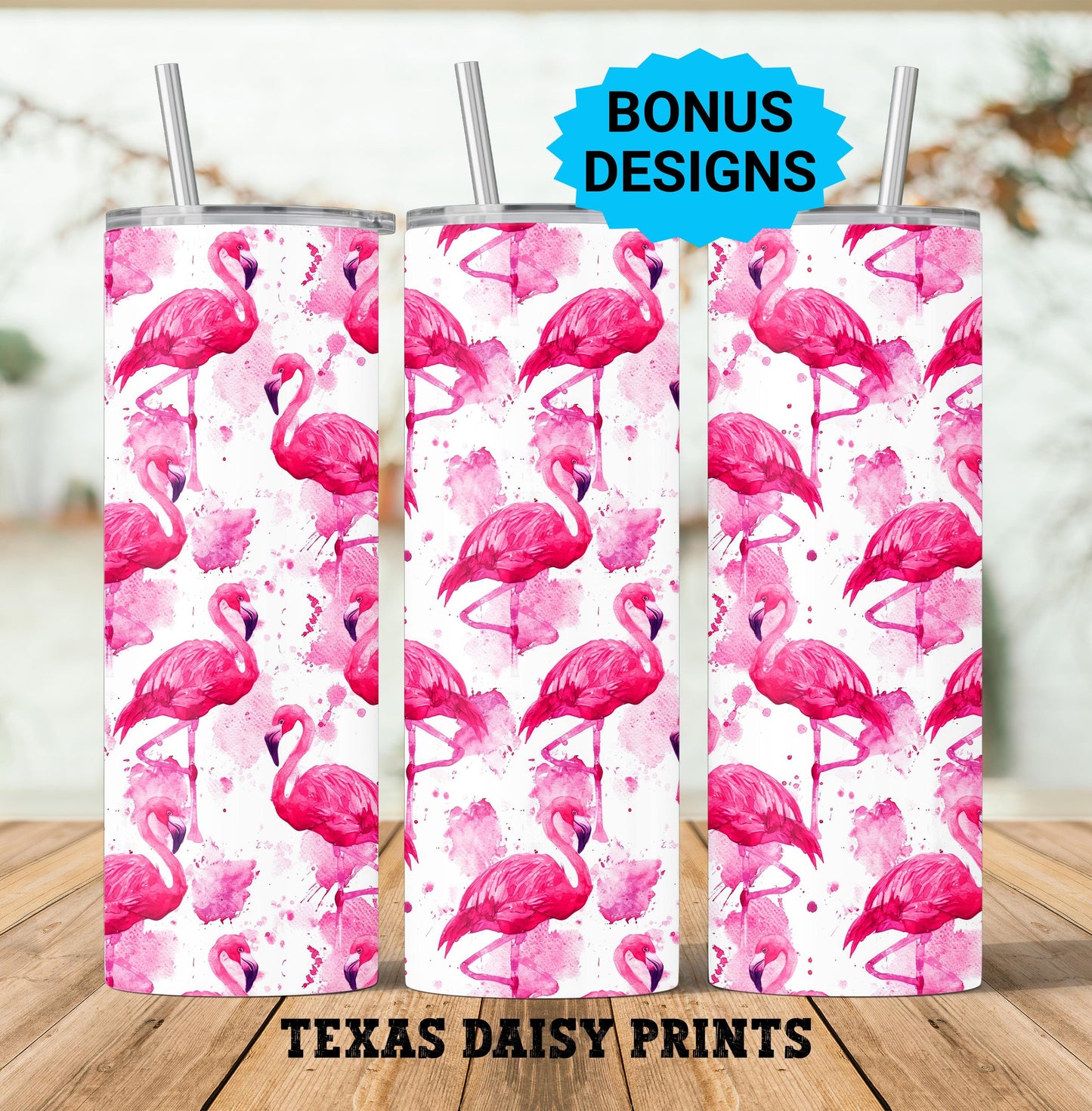 Flamingo Pink Watercolor 20oz Skinny Tumbler Seamless Sublimation Design Templates,Straight PNG Digital Download