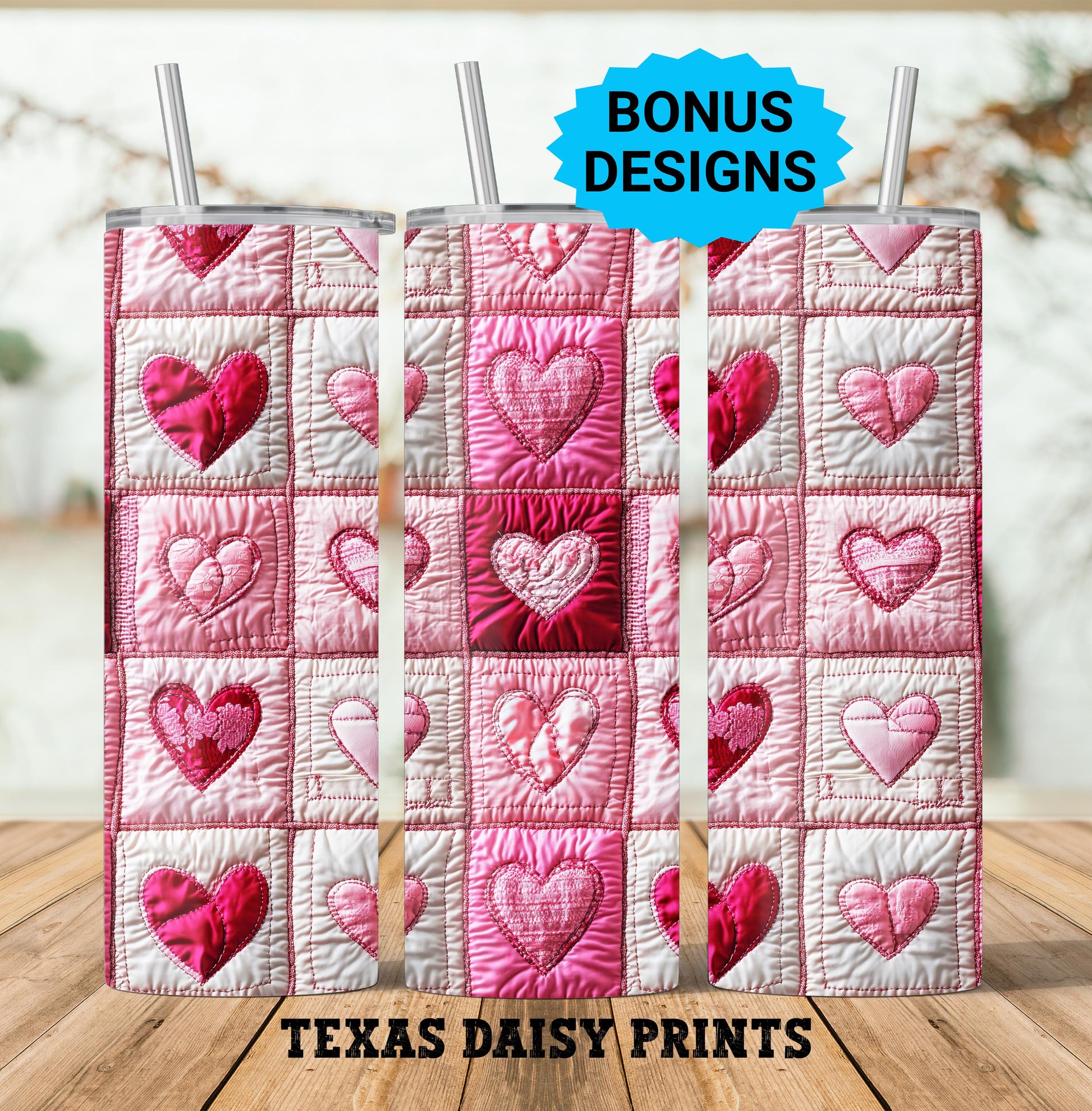 3D Valentines Hearts Quilted , 20oz Skinny Tumbler Seamless Sublimation Design Templates,Straight PNG Digital Download