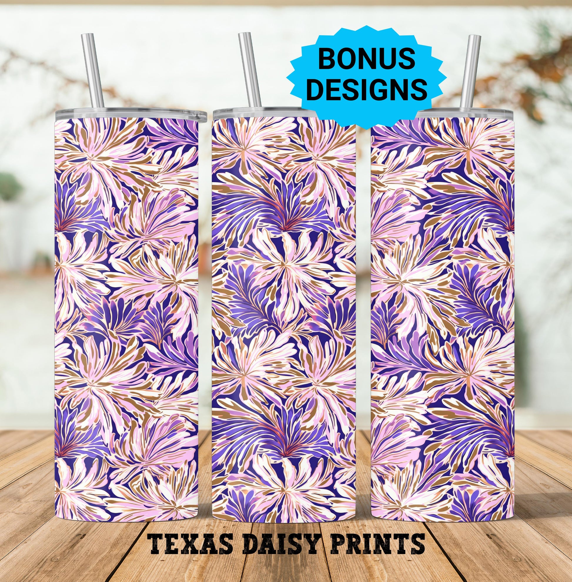 Spring Flowers Purple Gold Pink 20oz Skinny Tumbler Seamless Sublimation Design Templates,Straight PNG Digital Download