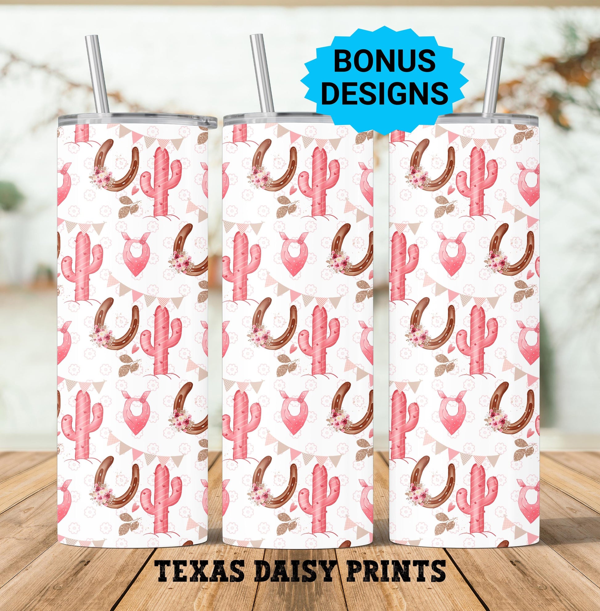 Cowgirl Cactus Horseshoes in Pink 20oz Skinny Tumbler Seamless Sublimation Design Templates,Straight PNG Digital Download