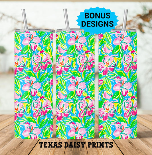 Summer Tropical Flowers 20oz Skinny Tumbler Seamless Sublimation Design Templates,Spring Flowers Straight PNG Digital Download