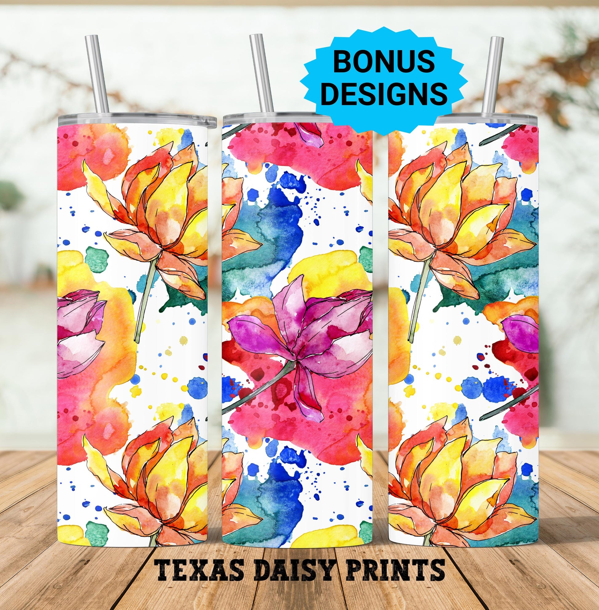 Rainbow Vibrant Floral Watercolor 20oz Tumbler Wrap Sublimation Design Templates,Straight Daisies Flowers Rainbow PNG Digital Download