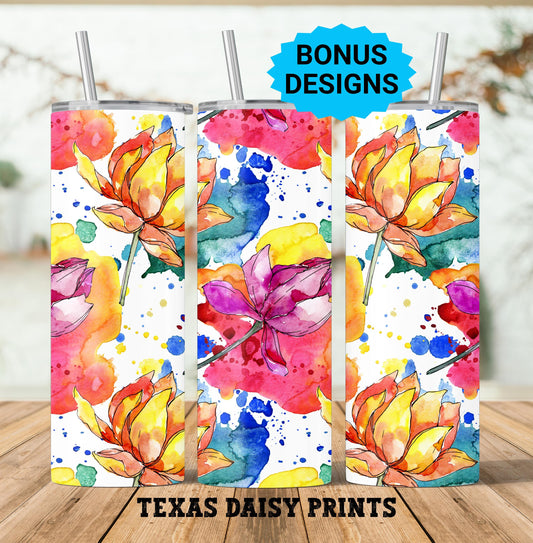 Rainbow Vibrant Floral Watercolor 20oz Tumbler Wrap Sublimation Design Templates,Straight Daisies Flowers Rainbow PNG Digital Download