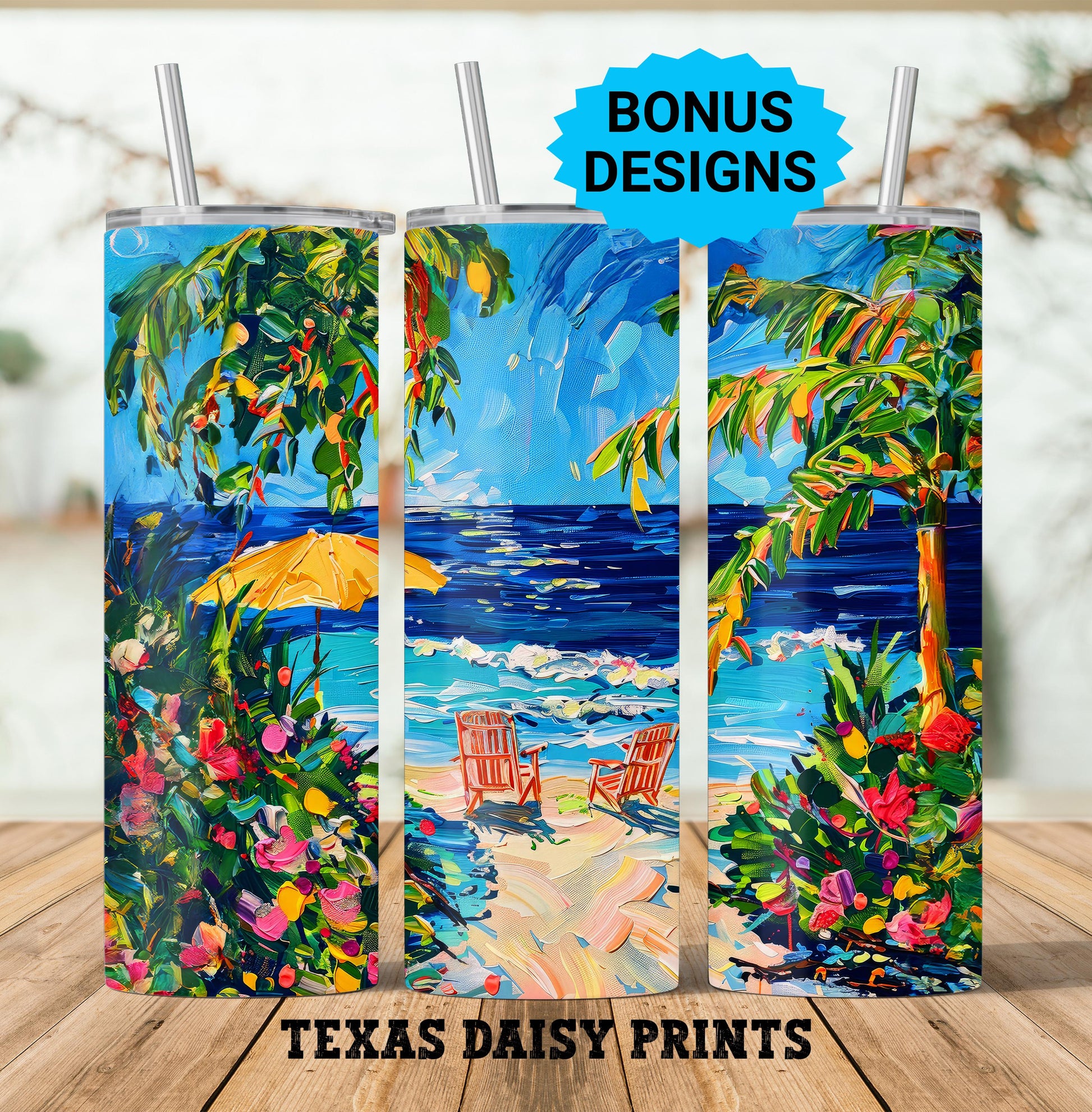 Beach Watercolor Tropical Ocean Scene 20oz Skinny Tumbler Sublimation Templates, Seamless Straight PNG Digital Download