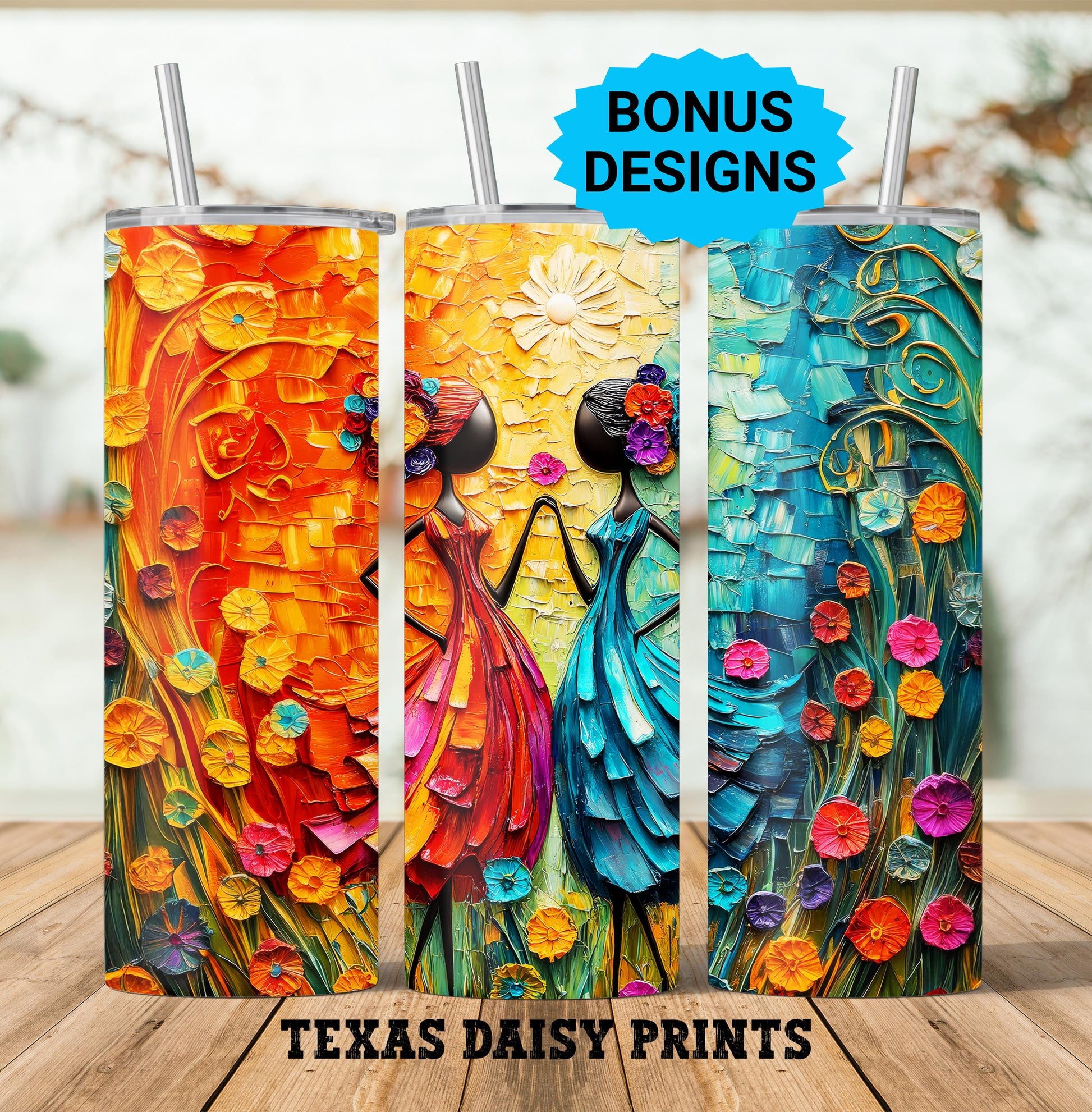 Best Friends in a Colorful Floral Dance 20oz Skinny Tumbler Sublimation Templates, Besties Sisters Seamless Straight PNG Digital Download