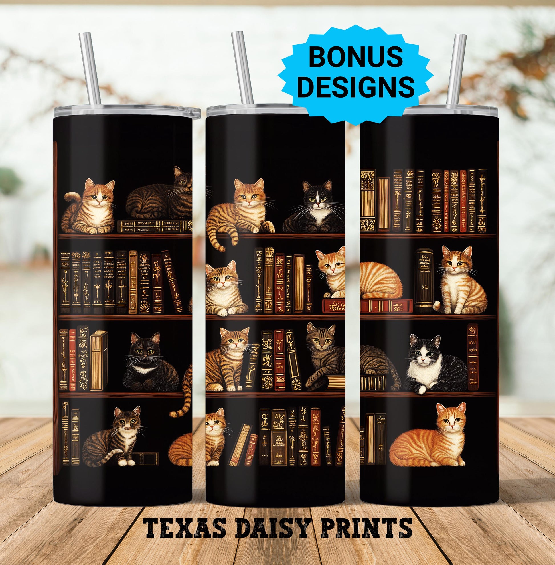 Cute Cat Book Lover 20oz Skinny Tumbler Wrap, Sublimation Design Templates, Cozy Bookshelf Cats Seamless PNG Digital Download
