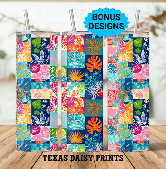 Summer Tropical Flowers Palm Trees 20oz Skinny Tumbler Seamless Pink Purple Sublimation Design Templates,Straight PNG Digital Download