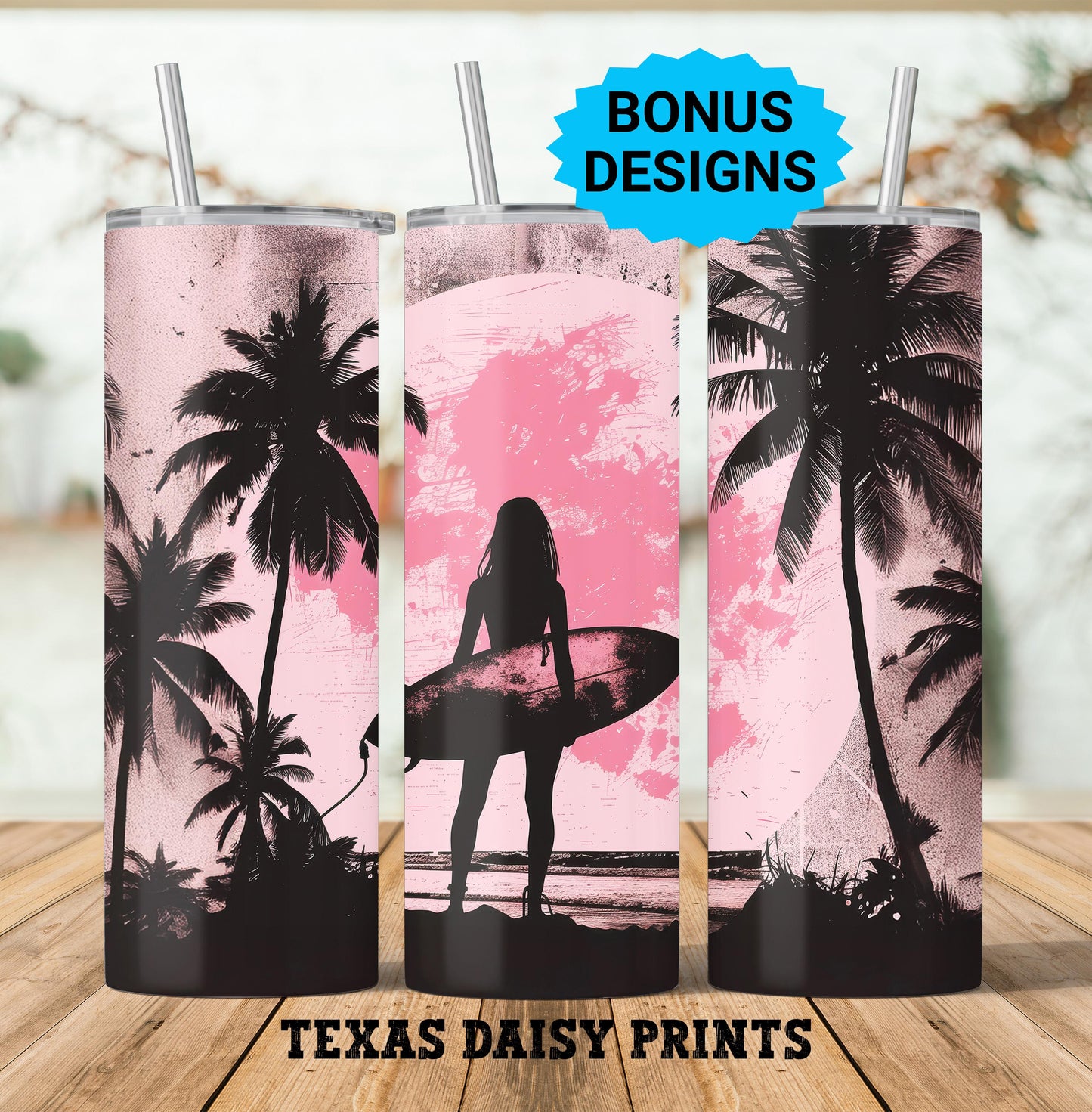 Surfing Sunset Tropical Moon Ocean Palm Trees 20oz Skinny Tumbler Seamless Sublimation Design Templates,Straight PNG Digital Download