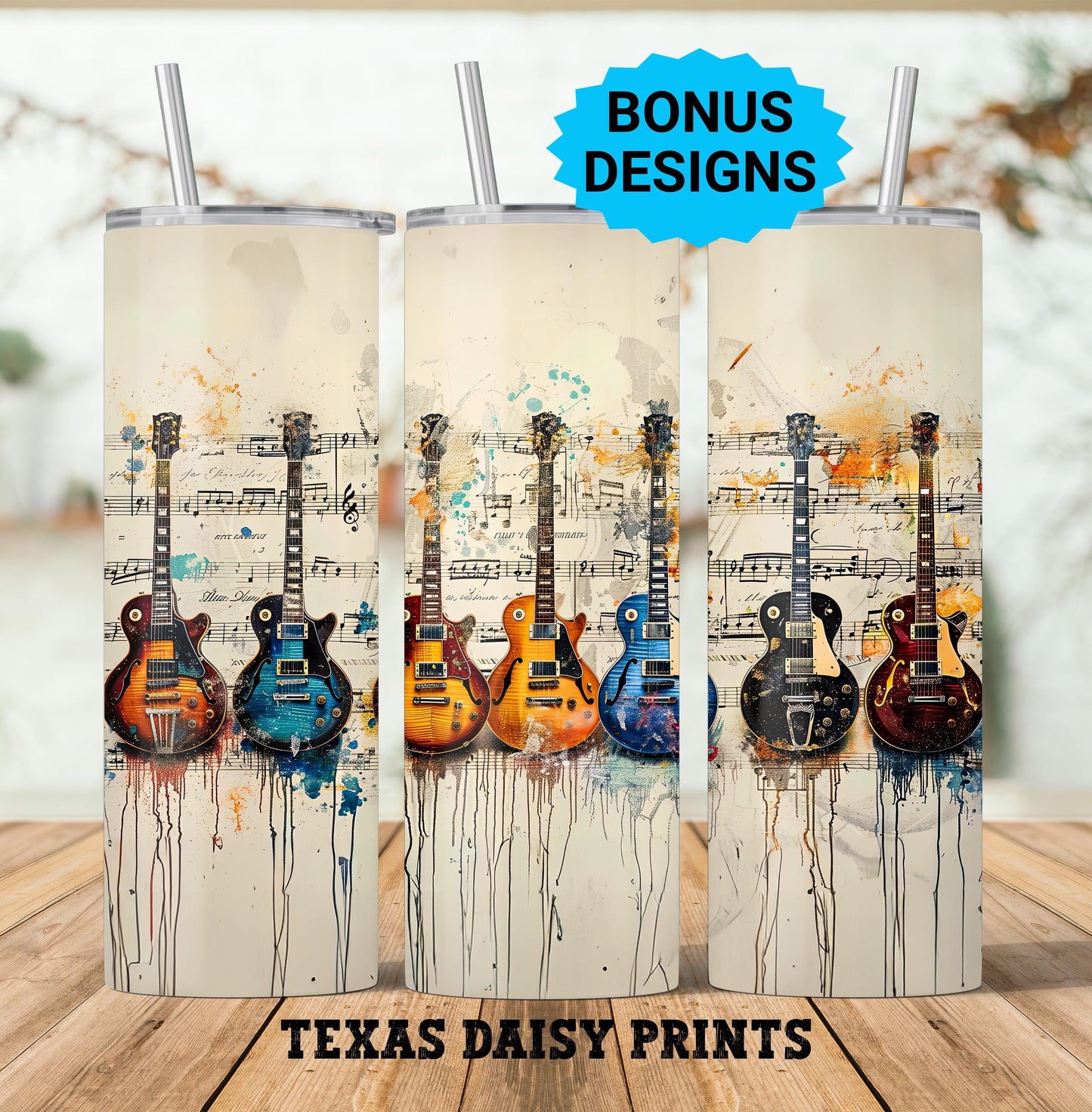 Electric Guitars Sheet Music 20oz Skinny Tumbler Sublimation Templates, Seamless Straight PNG Digital Download