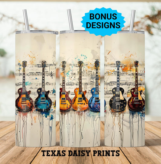 Electric Guitars Sheet Music 20oz Skinny Tumbler Sublimation Templates, Seamless Straight PNG Digital Download