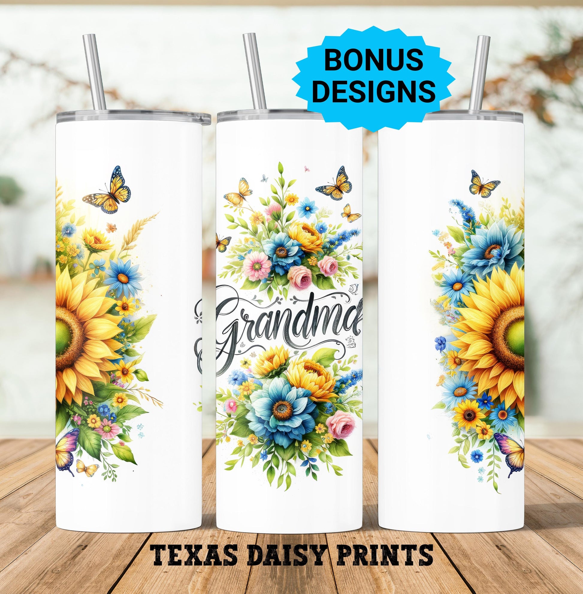 Grandma 20 oz Skinny Tumbler Sublimation Design, Flowers butterfly Watercolor Floral Digital PNG Straight Tumbler Wrap wnload