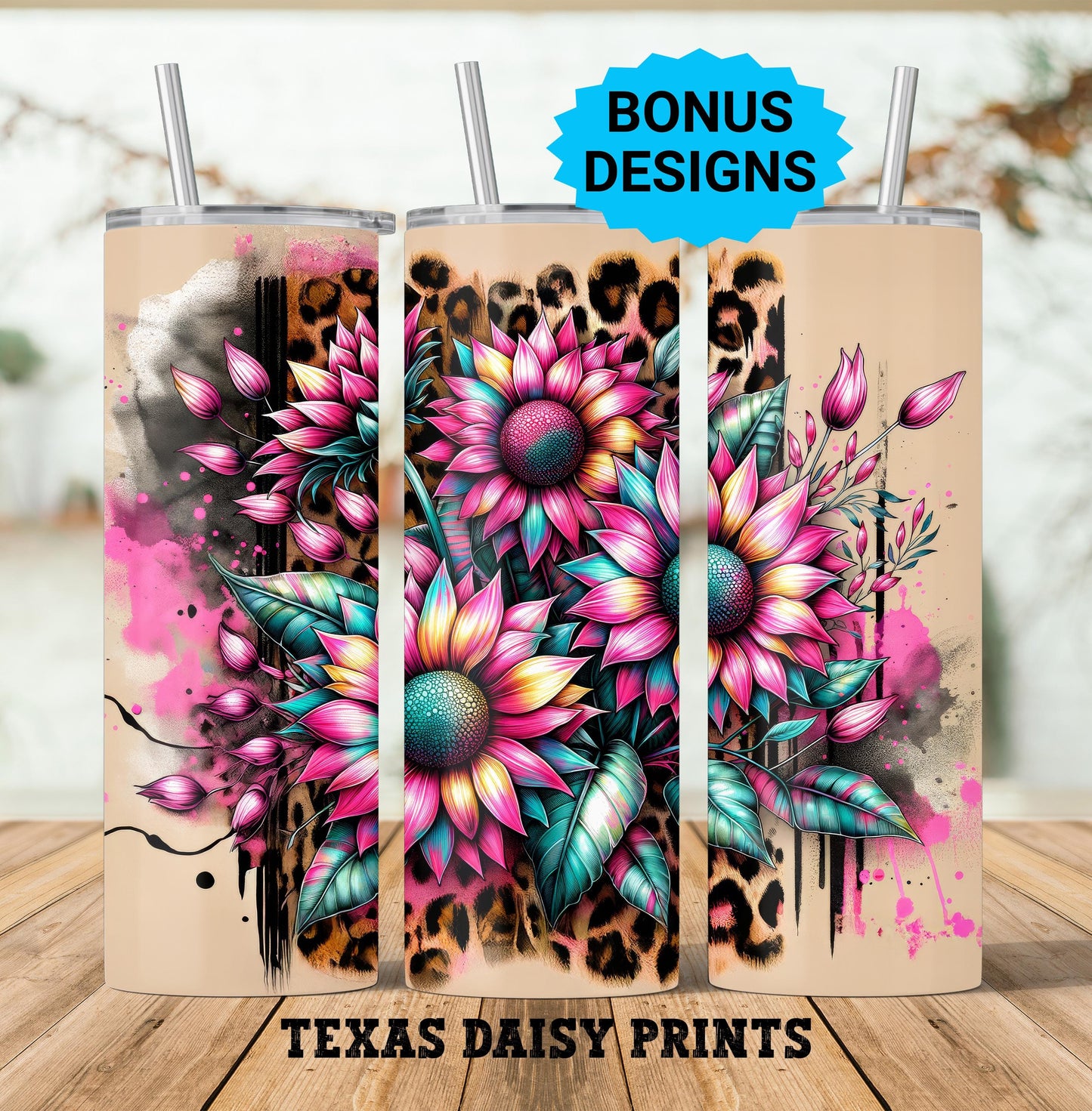 Pink Teal Sunflowers with Leopard Print 20oz Skinny Tumbler Sublimation Design PNG