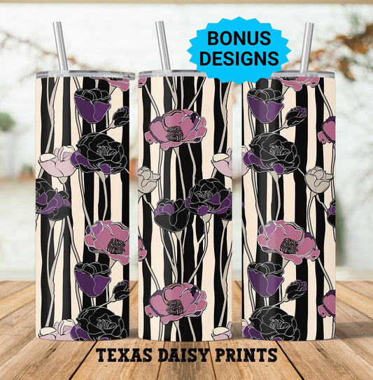Retro Flowers on Stripes 20oz Skinny Tumbler Seamless Sublimation Design Templates,Purple Black Straight PNG Digital Download