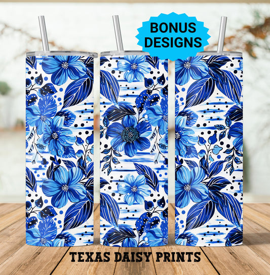 Spring Flowers 20oz Skinny Tumbler Sublimation Templates, Blue Flowers with Abstract Lines Seamless Straight PNG Digital Download