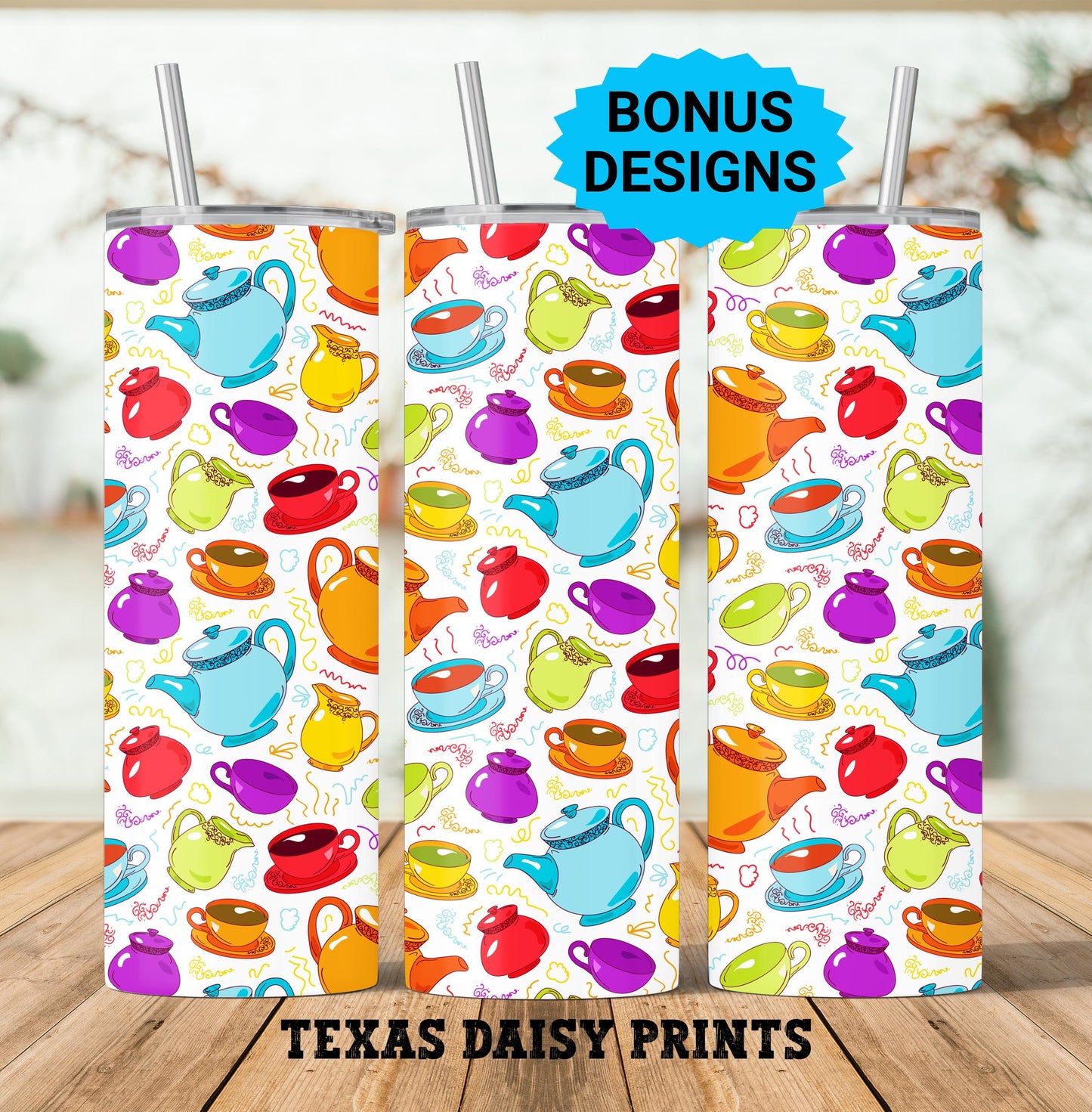 Tea Cups and Tea Pots in Rainbow Colors 20oz Skinny Tumbler Seamless Sublimation Design Templates,Straight PNG Digital Download