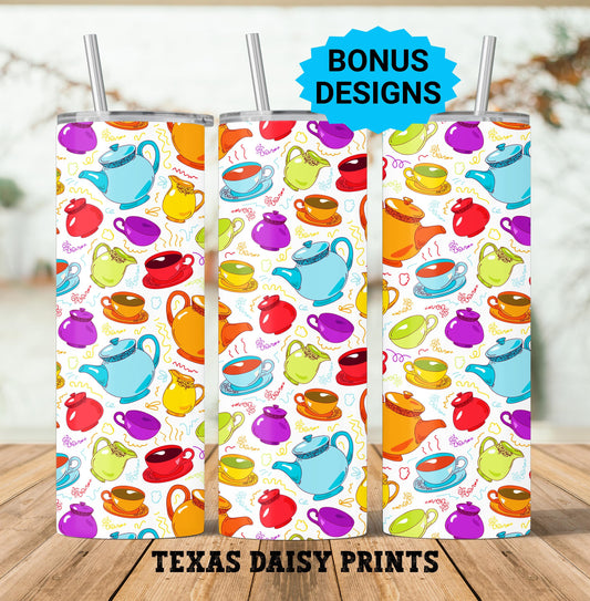 Tea Cups and Tea Pots in Rainbow Colors 20oz Skinny Tumbler Seamless Sublimation Design Templates,Straight PNG Digital Download