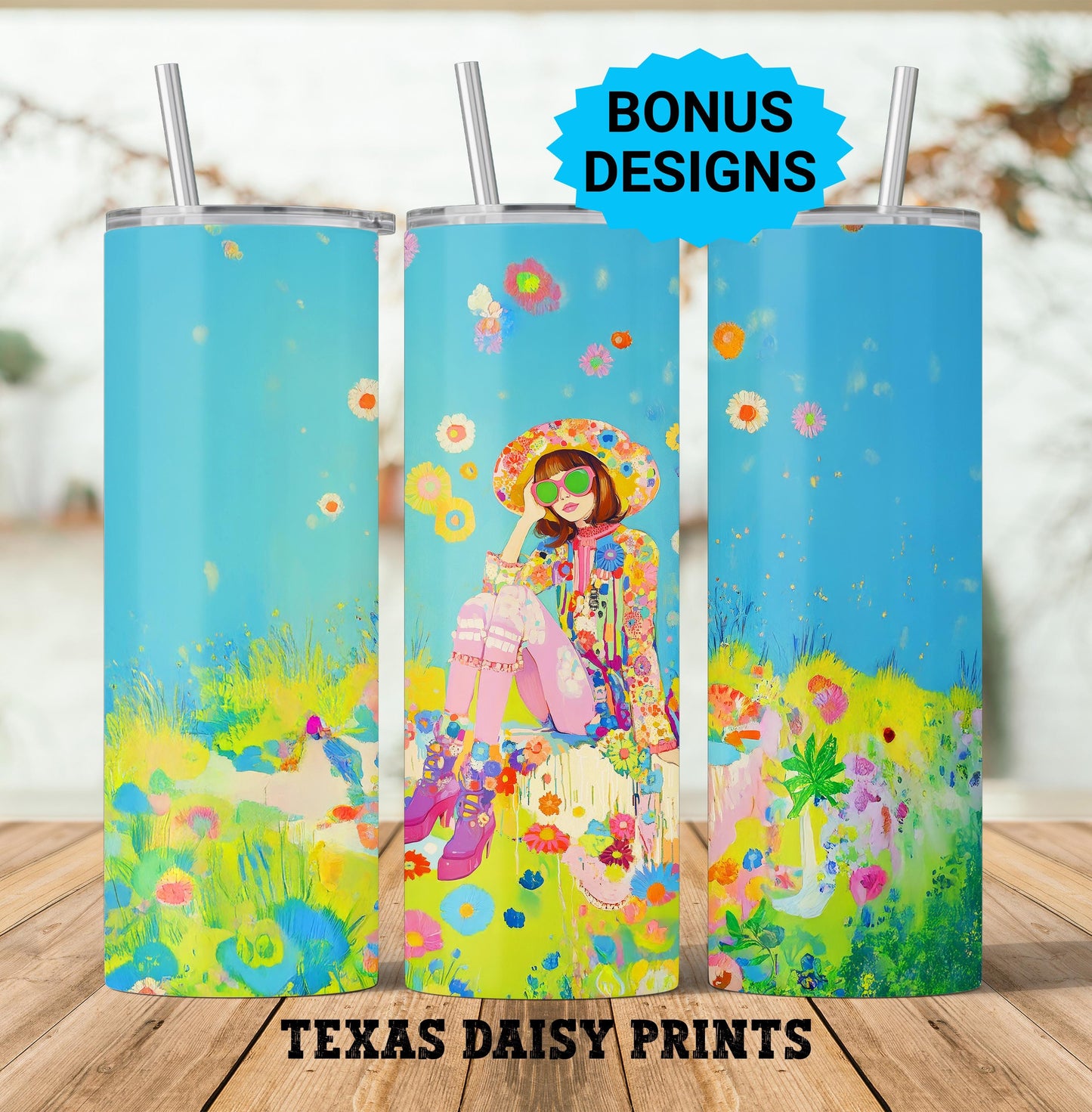 Spring Flowers Boho Retro Chic Pastel Flowers 20oz Skinny Tumbler Seamless Sublimation Design Templates,Straight PNG Digital Download