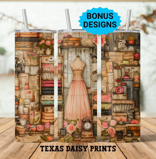 Vintage Sewing Room 20oz Skinny Tumbler Sublimation Templates, Seamless Straight PNG Digital Download