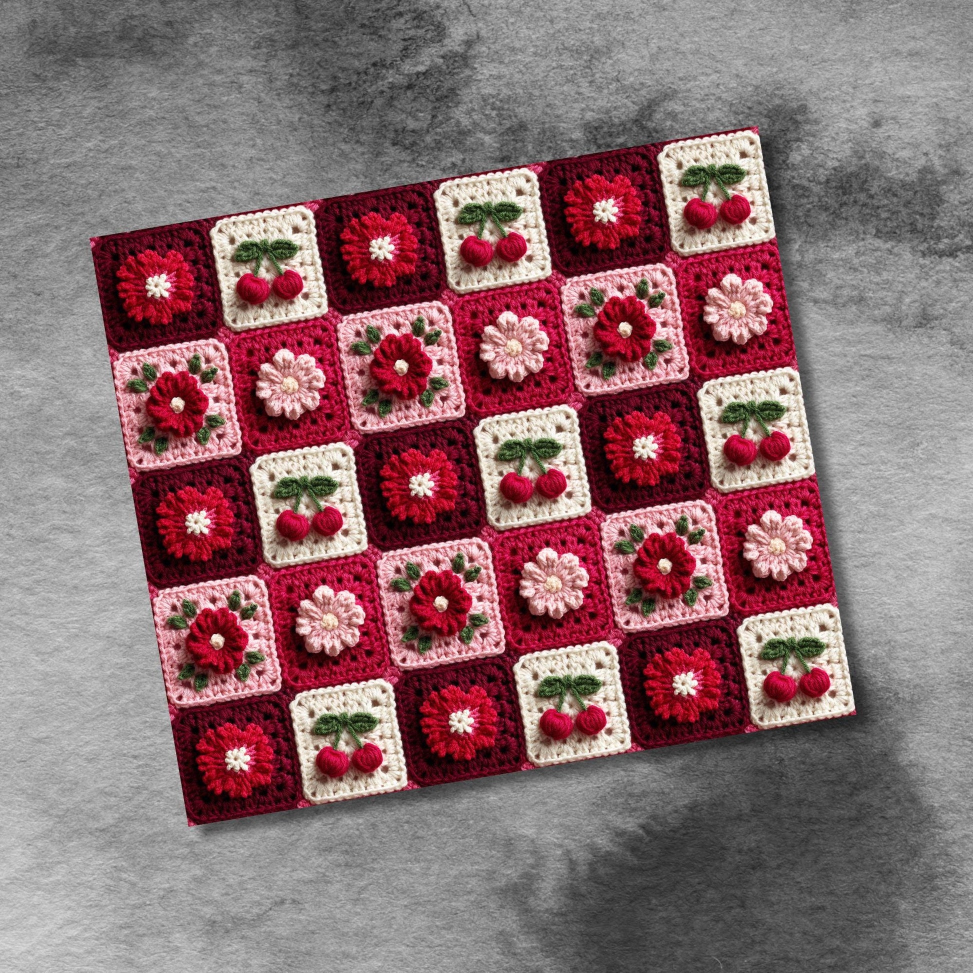 Crocheted Cherry Wildflowers 20oz Tumbler Wrap Png Crochet Cherries Granny Squares Tumbler Wrap Png Seamless Sublimation Design