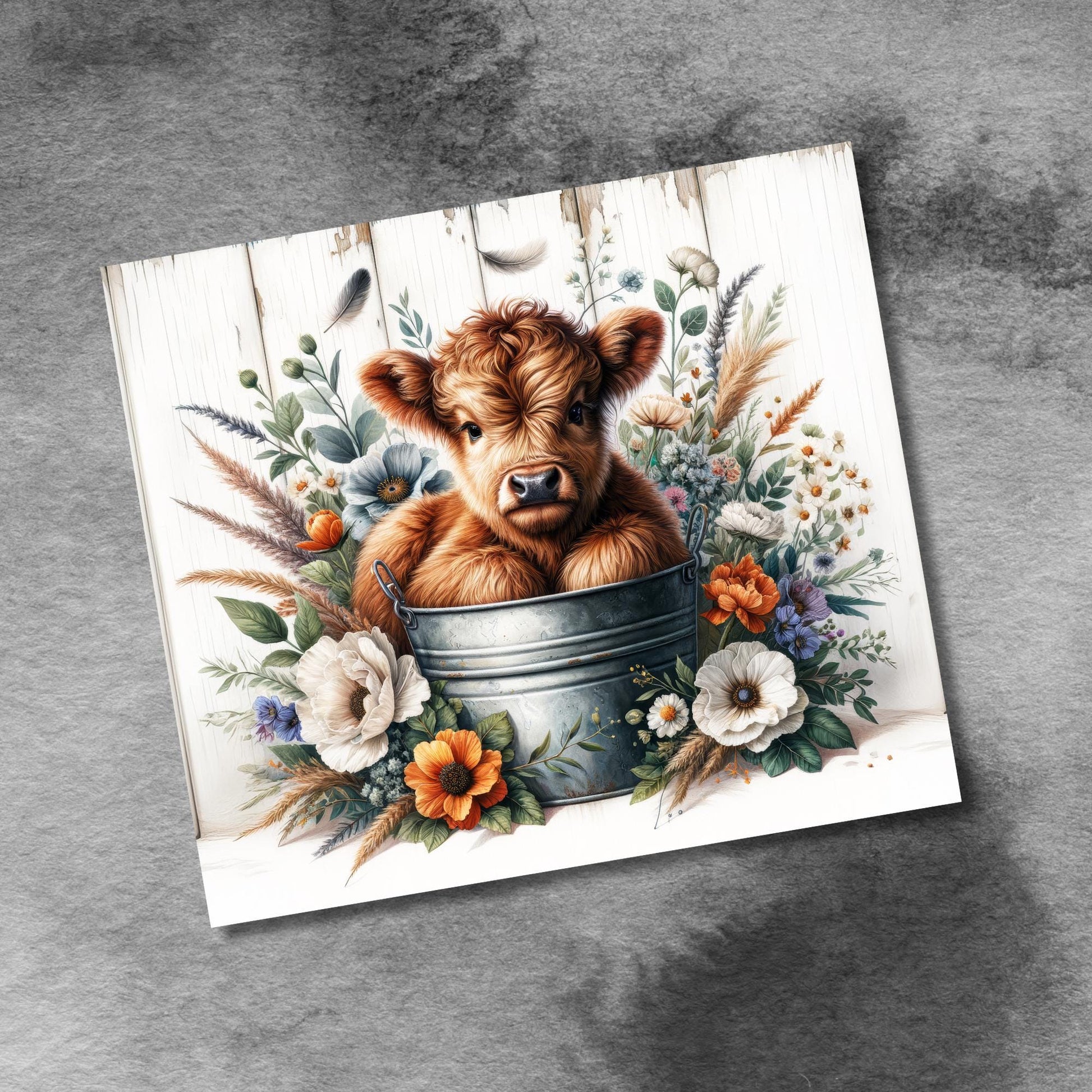 Baby Highland Cow In a Bucket 20 oz Skinny Tumbler Wrap, Seamless Boho Flowers Sublimation Tumbler Design, Cow Lover Tumbler