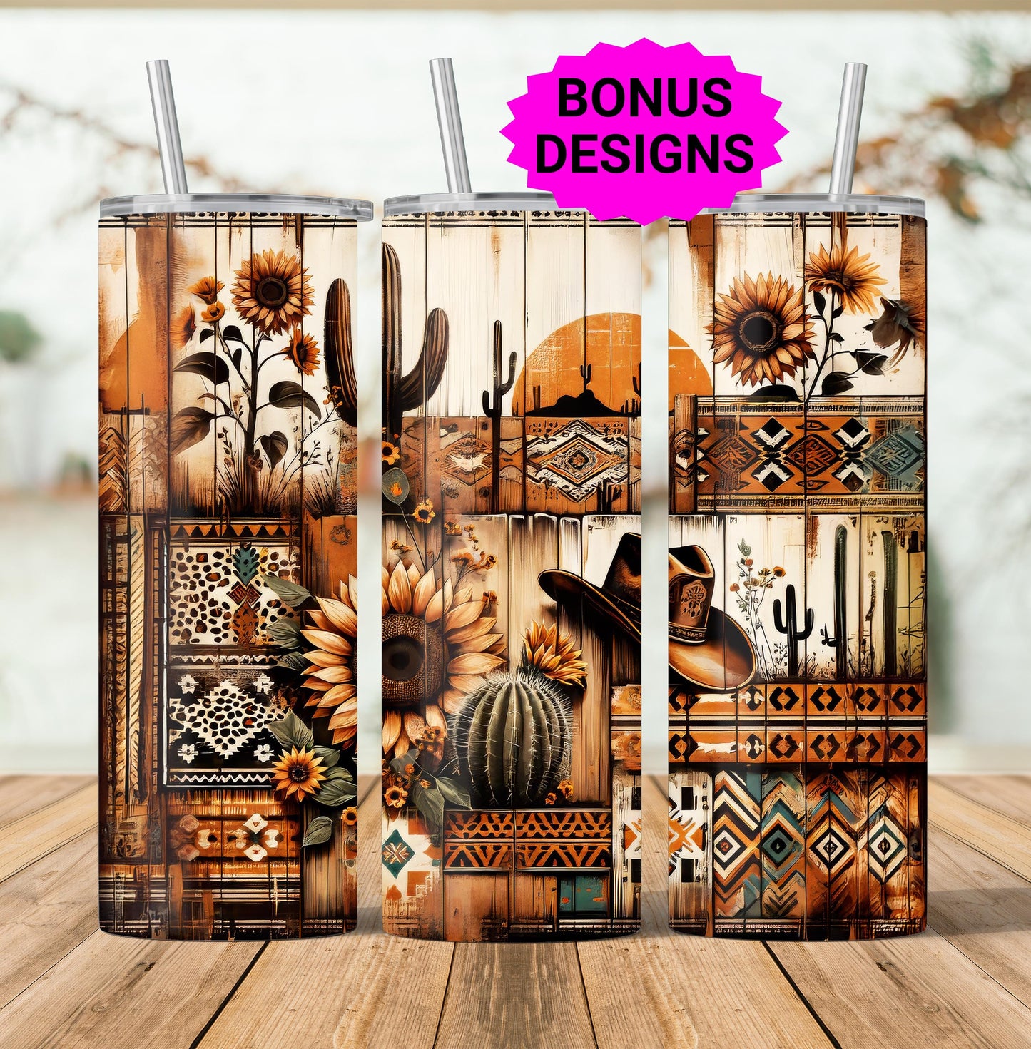 Southwestern Cowboy Sunflowers 20 oz Skinny Tumbler, Western 20oz Seamless Tumbler, Digital Download