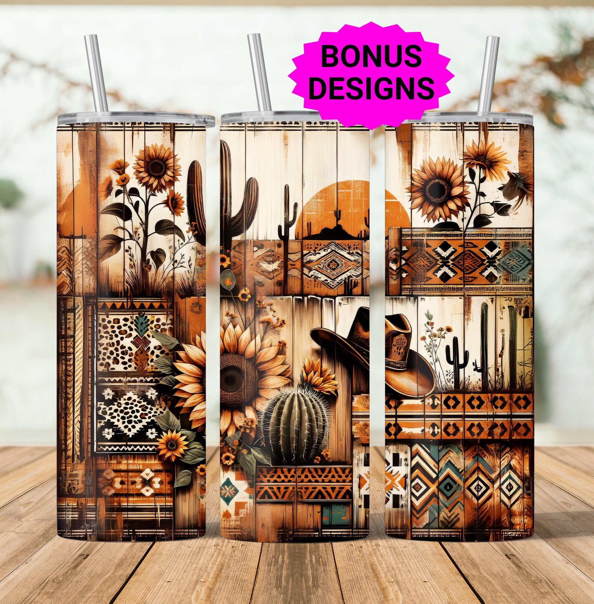 Southwestern Cowboy Sunflowers 20 oz Skinny Tumbler, Western 20oz Seamless Tumbler, Digital Download