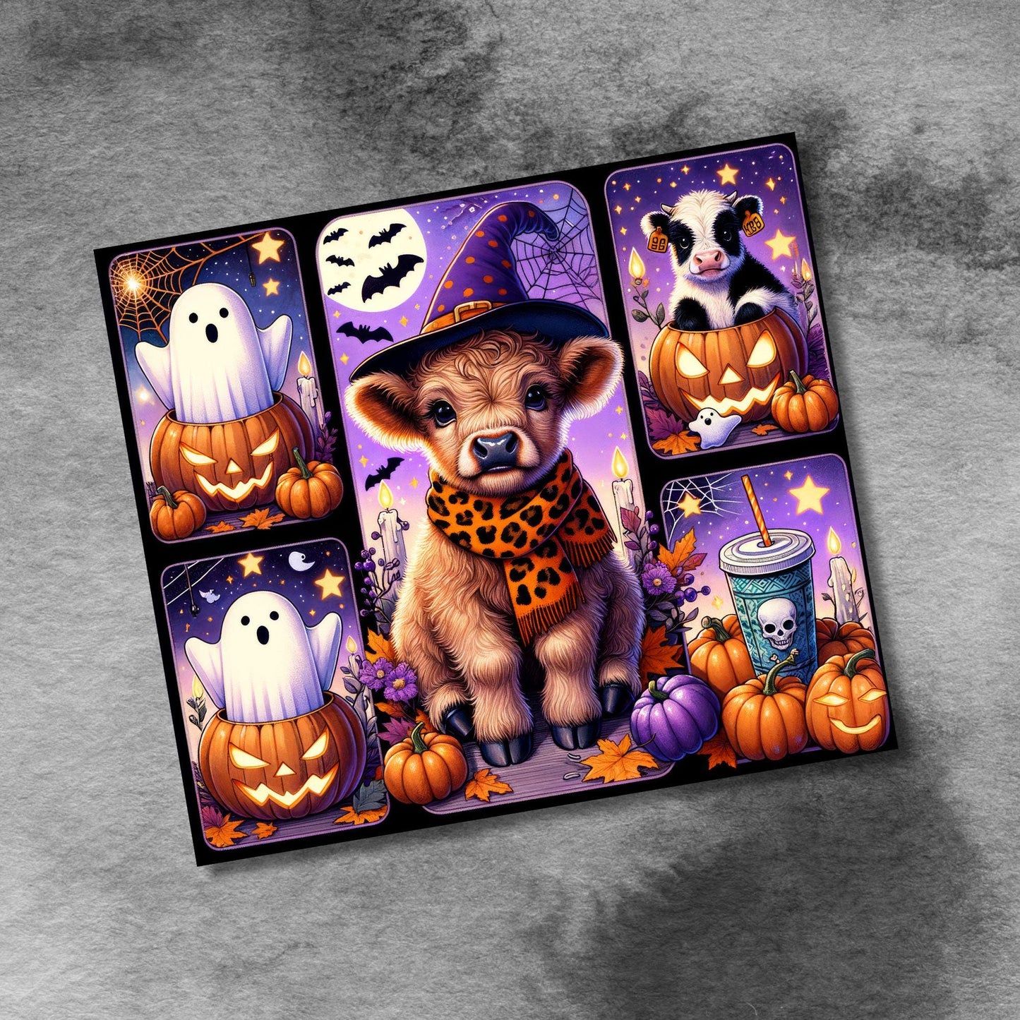 Halloween Highland Cow 20oz Skinny Tumbler , Seamless Witch Highland Cow Sublimation, 20 oz tumbler wrap PNG File