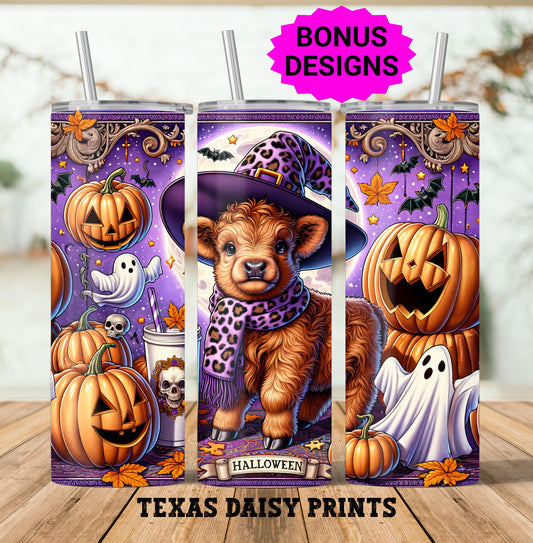 Halloween Highland Cow 20oz Skinny Tumbler , Seamless Witch Highland Cow Sublimation, 20 oz tumbler wrap PNG File