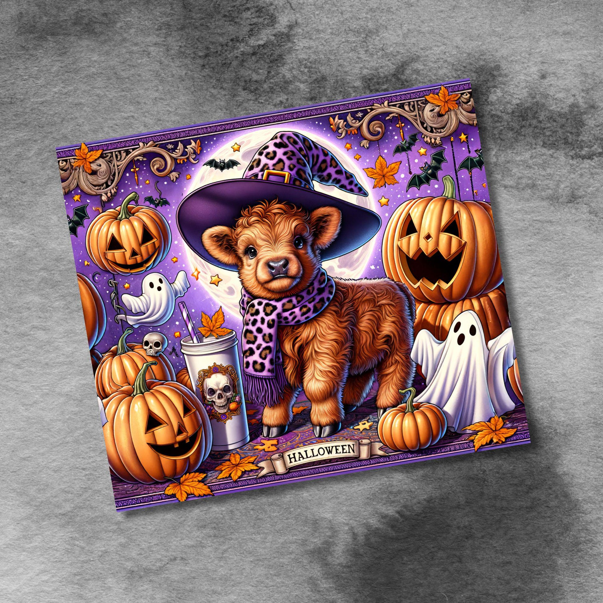 Halloween Highland Cow 20oz Skinny Tumbler , Seamless Witch Highland Cow Sublimation, 20 oz tumbler wrap PNG File